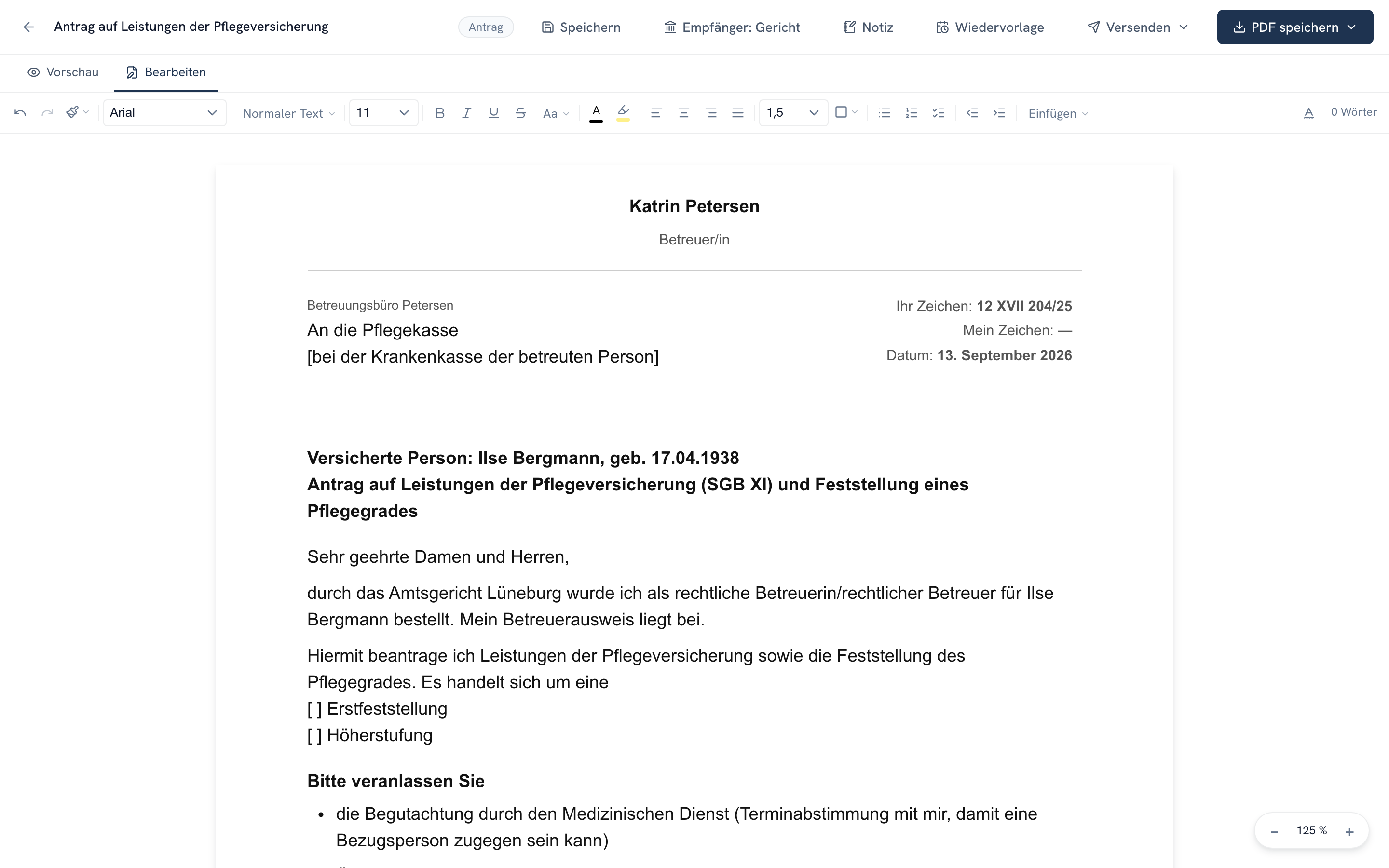 Ein Antrag an die Pflegekasse im Editor von Bürofluss, mit Werkzeugleiste und der Seite so, wie sie gedruckt wird