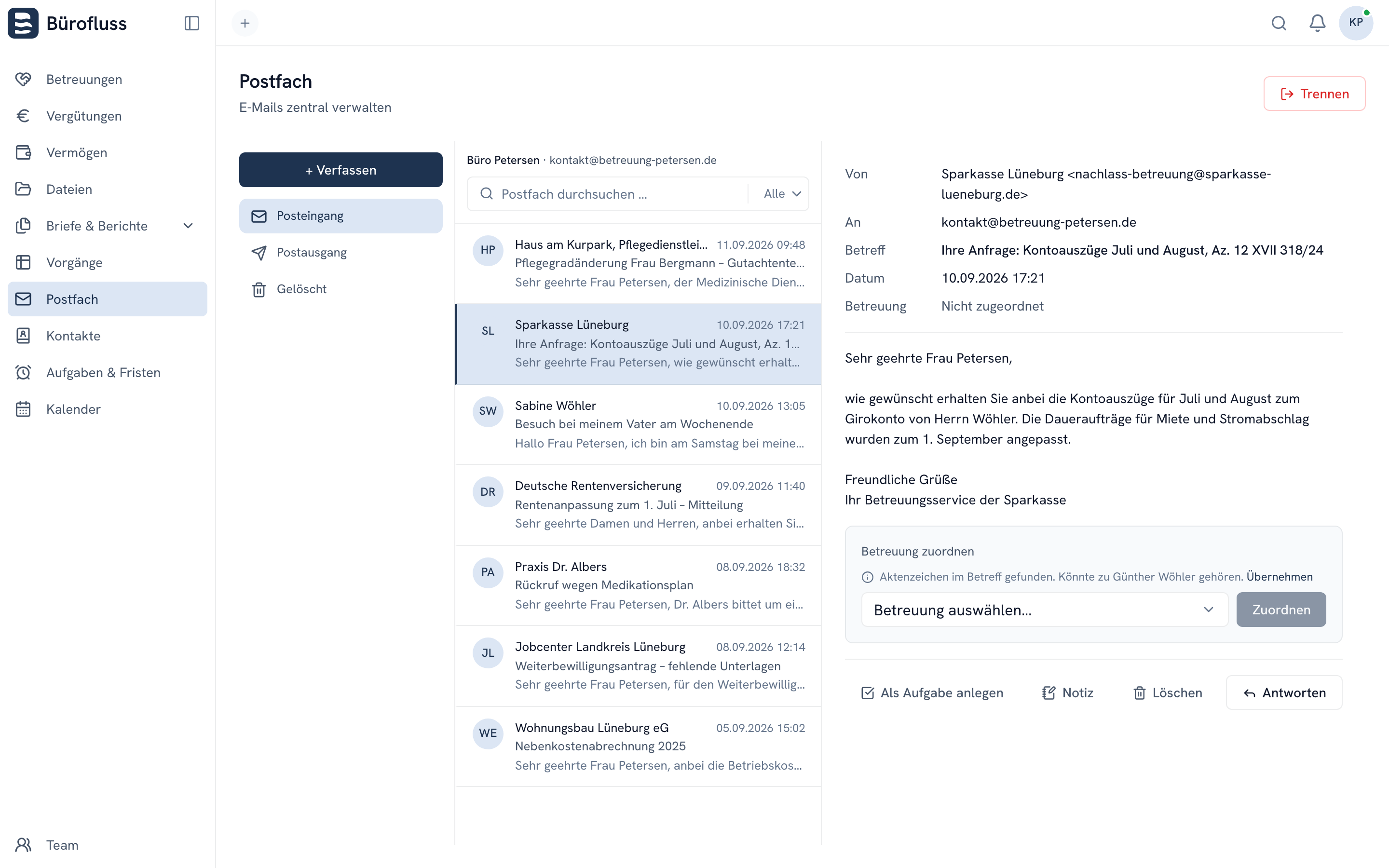 Eine E-Mail der Sparkasse im Postfach, darunter der Vorschlag, sie anhand des Aktenzeichens der Betreuung Günther Wöhler zuzuordnen