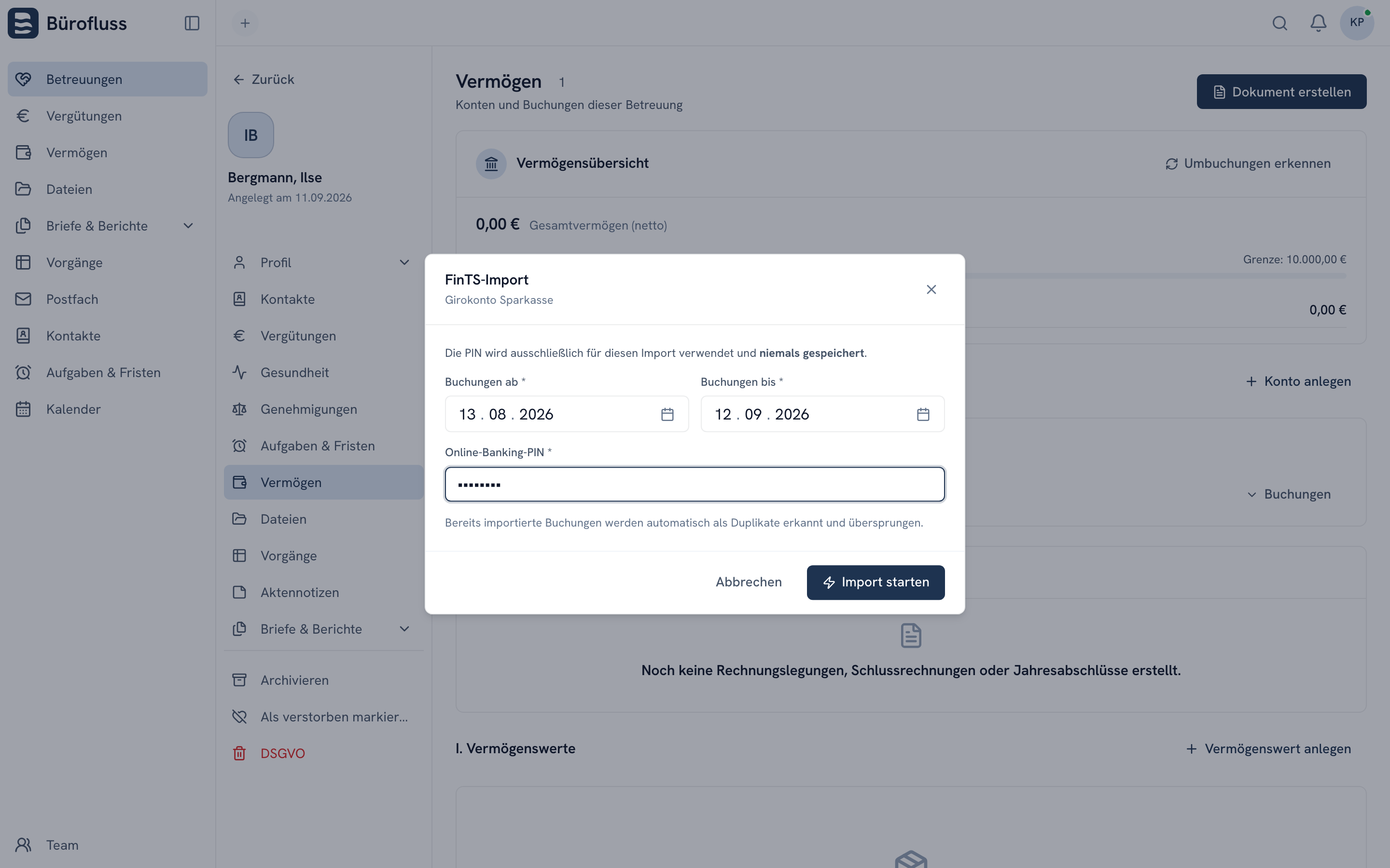 Der FinTS-Import für ein Girokonto der Sparkasse: Zeitraum der Buchungen und Online-Banking-PIN, die nicht gespeichert wird